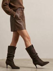 Women's 2026 New Autumn Pointed Toe Maillard Mid-Calf Western Slouch High Heel Boots - Chocolate Brown - View 9