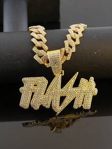 European & American Hip Hop FLASH Letter Pendant Cuban Chain Men's Necklace, Full Rhinestone Shiny Personalized Street Style Rap Party Collarbone Chain Fashion Jewelry - FLASH - View 9