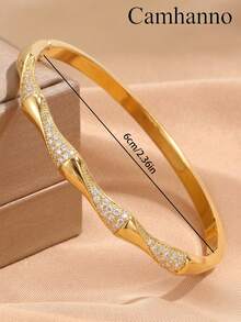 Camhanno 3/1pc Copper Material, Gold Inlaid Diamond Bracelet, Women's Light Luxury Bamboo Knot Twisted Pattern Design, High-End Feeling, Layered Bracelet - Gold - View 5