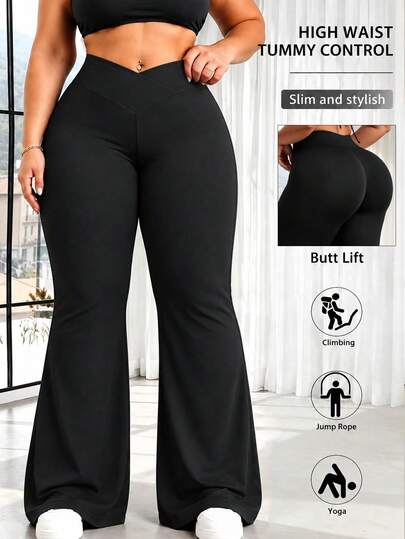 1pc Women's Plus Size Criss-Cross Waist Wide Leg Pants, Elastic And Breathable Fabric, Machine Washable, Fitness And Casual Wear With Butt Lift, Black Sports Yoga Long Pants For Plus Size Girls