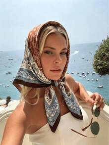 Vintage Brown Paisley Floral Pattern Silk-Texture Scarf, A Luxurious And Elegant French Style Women's Scarf, Suitable For All Seasons. - Blue Coffee - View 3