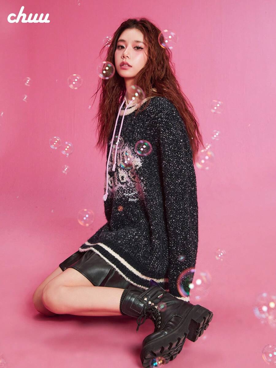 CHUU New Year Cartoon Cute Dragon Embroidered Knit Sweater Women Autumn Letter Contrast Color Pullover Loose Fit - Black - View 1