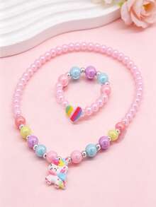 2pcs/Set Children's Unicorn Heart Pendant Charm Colorful Beaded Necklace & Bracelet Jewelry Set, Suitable For Daily Wear - one-size - View 4