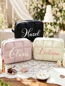 1pc Custom Name Quilted Makeup Bag, Personalized Embroidery Cosmetic Pouch, Large Capacity Travel Toiletry Bag, Bridesmaid Gift, Wedding Bridal Party Gift, Multi Color Zipper Storage Bag For Women - Multicolor - View 2