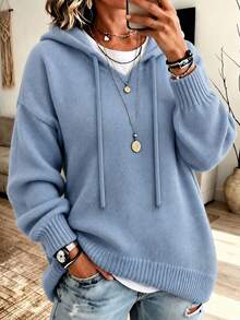 Women's Knit Pullover Sweatshirt, Plus Size Long Sleeve Regular Fit Pullover Sweatshirt, Suitable For Autumn/Winter Daily Wear - Blue - View 2