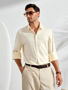 VeloEdit Men's Solid Color Minimalist Single-Breasted Long Sleeve Casual Formal Shirt, CeremonyFall Winter Old Money - Apricot - View 7