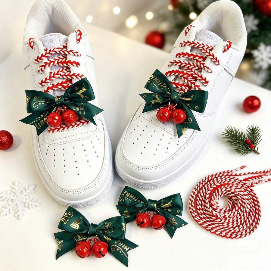 4pcs/2pcs Exquisite Green Bow Shoe Accessories With Red Shoelaces, Christmas Decor For White Sneakers, Flat Shoes, Training Shoes, Perfect Gift For Girlfriend - Multicolor - View 1