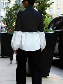Women's Comfortable Casual Colorblock Patchwork College Style Blouse, Commute Daily Shirt - Black and White - View 6