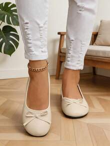 1 Pair Women's Beige Bow Decor Round Toe Flat Ballet Shoes Fashion Design Daily Slip‑On Flat Shoes - Beige - View 3