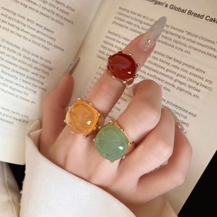 3pcs/Set Women's Colorful Resin Gemstone Rings, Gold Claw Set Large Bead Personalized Rings, Vintage Fashion Party And Daily Wear Jewelry - Multicolor - View 1