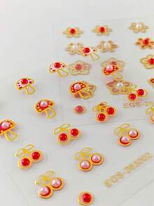 2pcs Self-Adhesive Ear Studs No Drilling, Gold-Edged Flower Mushroom Cherry Rhinestone Face Stickers, Temporary Ear Stickers For No Piercing, Suitable For Halloween Party, Music Festival Makeup Accessories - Multicolor - View 9