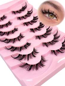 7 Pairs False Eyelashes, Thin Style, D Curl, Cat Eye Fox Eye Natural Look, Fluffy Transparent Band, Manga Style Faux Mink Strip Lashes - Black - View 2