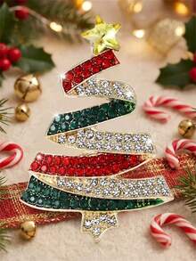 1pc Rhinestone Christmas Tree Brooch, Wavy Layered Five-Pointed Star Tree-Shaped Pin, Suitable For Matching Sweaters, Coats And Bags As Holiday Decorative Accessory - Multicolor - View 1
