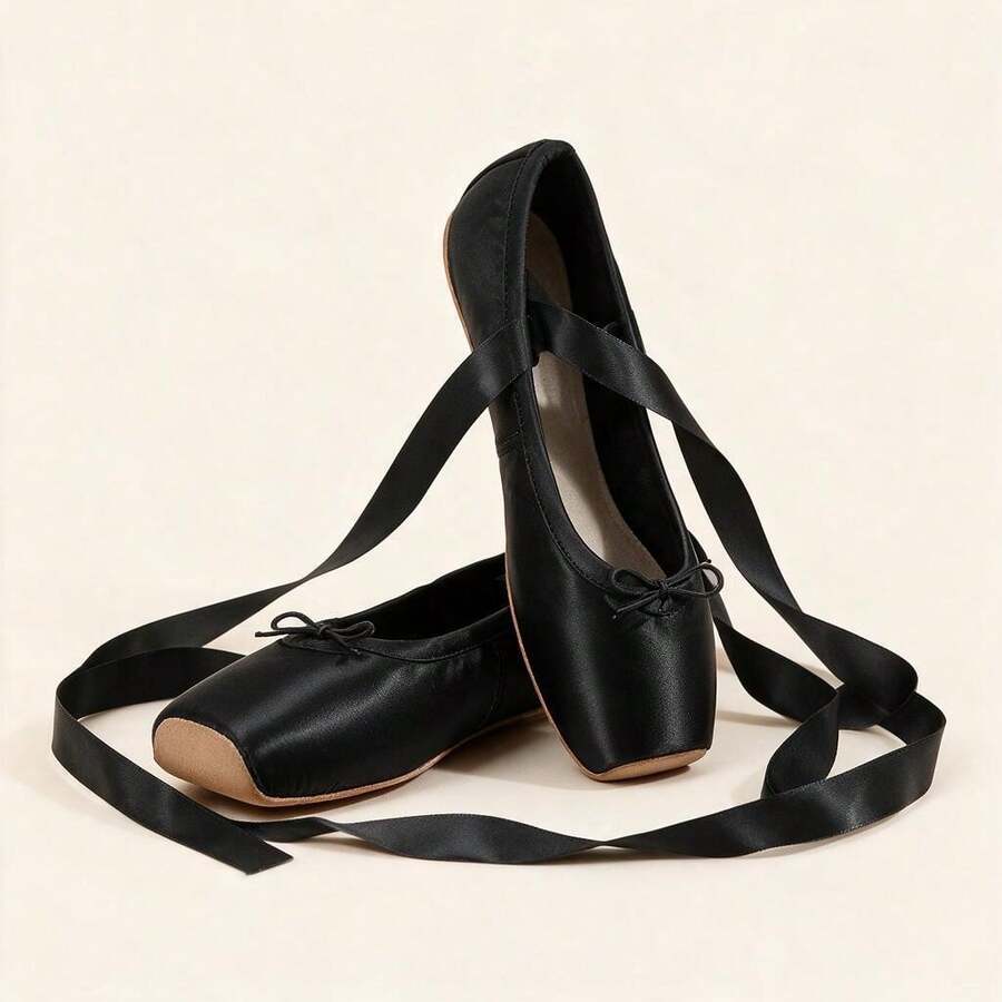 Sepatu Balet Pointe Wanita Modis dengan Pita Melingkar, Sepatu Dansa Satin Hitam, Pelindung Jari Kaki, Pertunjukan Dansa Ballroom Profesional, Nyaman dan Ringan - Hitam - View 1