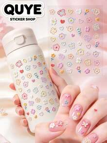 1Set 5D Embossed Decor Stickers, Colorful Flower Butterfly Heart Pattern, Self-Adhesive Decals, Cute Floral Decor, Bonus Tweezers Included, Metal Stickers, Phone Stickers For Decoration - Dopamine-colored Small Flowers - View 1