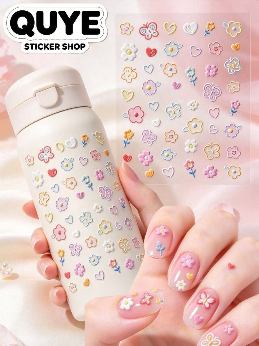 1Set 5D Embossed Decor Stickers, Colorful Flower Butterfly Heart Pattern, Self-Adhesive Decals, Cute Floral Decor, Bonus Tweezers Included, Metal Stickers, Phone Stickers For Decoration - Dopamine-colored Small Flowers - View 1
