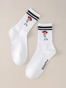 1/5 Pairs Disney Cartoon Print Mid-Calf Socks, Black And White Striped ...