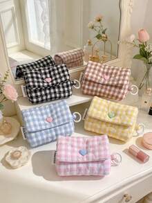 1pc Sweet Plaid Earphone Storage Pouch Heart Quilted Lipstick Bag Lightweight Earbud Holder Bag With Key Ring Portable Mini Coin Purse & Earbud Case - Multicolor - View 3
