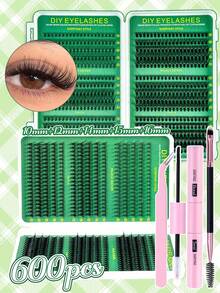 MEM 600pcs D Curl Voluminous Cluster False Eyelashes (10-16mm) - High Capacity Beginner Set (Includes Glue, Tweezers And Tools); Lightweight Segmented Lashes, Suitable For Daily DIY Wear. Cluster False Eyelashes, Halloween, Cartoon Style Lashes, Cluster Eyelash Set. - Black - View 5