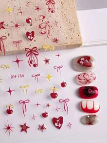 1pc/2pcs Christmas Winter New Embossed Nail Stickers, Red & Gold Cherry Heart Bow Star Nail Art Decals - Multicolor - View 2