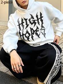 Lurzo Teen Boys Y2K Street Style Sports Hoodie Set, Letter Printed Hoodie,Contrast Stacked Waist Design Striped Printed Loose PantsAutumn And Winter - White - View 2