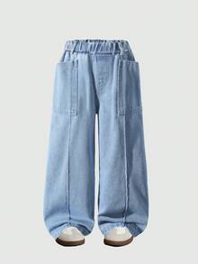 Young Girl Elastic Waist Pocket Design Straight Leg Jeans - Blue - View 2