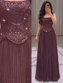 Luxury Elegant Beaded & Sequined Pleated Long Formal Evening Gown Party Wedding Brown Fall - Brown - View 1