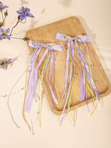 2pcs Cute Ballet Style Long Ribbon Bow Hair Clips, Women's Beaded Chain Side Hair Clips Lolita Headwear - Multicolor - View 8