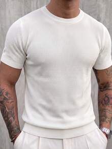 Men's Summer Casual Classic Small Pineapple Pattern Short Sleeve Knit Sweater, Essential Summer Wardrobe Outfit Piece Knit Top - White - View 7
