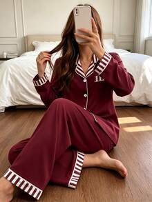 Women's Striped Pajama Set, Long Sleeve Notched Collar Top & Long Straight Pants 2 Pieces Lounge Set, Sleepwear For Spring Autumn Winter Home Outfit - Burgundy - View 1