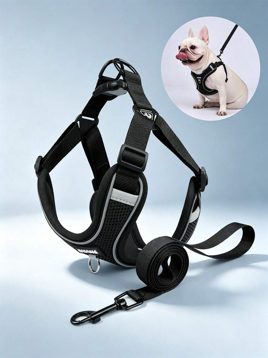 1 Set New Color Pet Dog Leash, Reflective Adjustable Harness, French Bulldog Outdoor Walking Leash And Collar Set, Soft Breathable Mesh Material, Suitable For Small/Medium Pets All Seasons