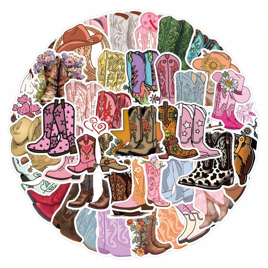 55PCS Cowboy Boots Stickers, Multicolor Pattern Stickers, Beautiful Stickers, Bottles, Decorative Paper, Scrapbooking, Diary, Laptop, Bumper, Skateboard, Water Bottle, Computer, Phone Greeting Cards, Photo Albums, Furniture, Stickers - Cowboy Boots - View 1