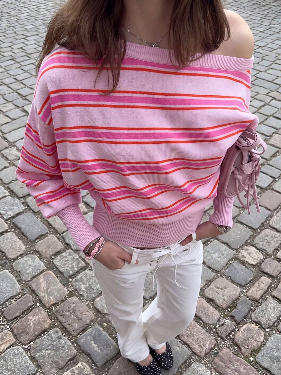Sweater Rajut Bergaris Wanita Model Bahu Terbuka, Atasan Rajut Bergaris Blok Warna Longgar Lengan Panjang, Pullover Kasual Gaya Y2K - Berwarna merah muda - View 1