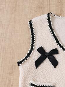 Autumn/Winter Girls' Double-Sided Fleece Textured Tweed Colorblock Single-Breasted Sleeveless Vest With Bowknot And Shorts Set, Elegant Style - Apricot - View 5