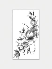 1pc Herbal Temporary Tattoo Sticker, Black Stipple Line Art Camellia Flower Branch Pattern, Realistic Fake Tattoo Design, Suitable For Daily Wear, Bachelorette Party Favors, Music Festivals, Game Events, Graduation Gifts, Lasts 7-14 Days - Black - View 3