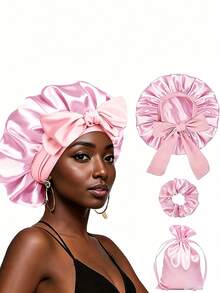 3pcs Universal Solid Color Long Tail Sleep Cap Hair Care Bonnet, Suitable For Skincare, Washing, Curling Hair, Sleeping And Head Protection - Multicolor - View 2