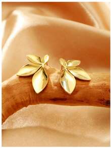 1 Pair Gold Stainless Steel Leaf Flower Stud Earrings, Suitable For Daily Wear - Gold - View 2