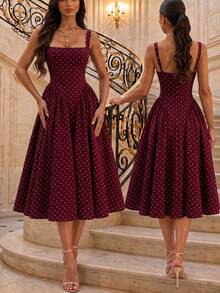 Dirp Noir Women's Elegant Plaid Square Neck Wide Strap Ruched Midi Dress, Suitable For National Day, Graduation, Back To School, Party - Burgundy - View 10