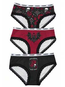 Dark Gothic Style 3-Pack Women's Triangle Shorts, Skull Rose Bat Pattern Letter Waistband Comfortable Underwear 3-Piece Set - Multicolor - View 8