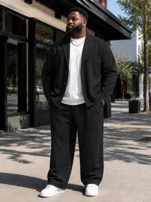 Men's Plus Size Suit Set, Solid Color Casual Suit Set For Autumn, Suitable For Daily Wear - Black - View 1