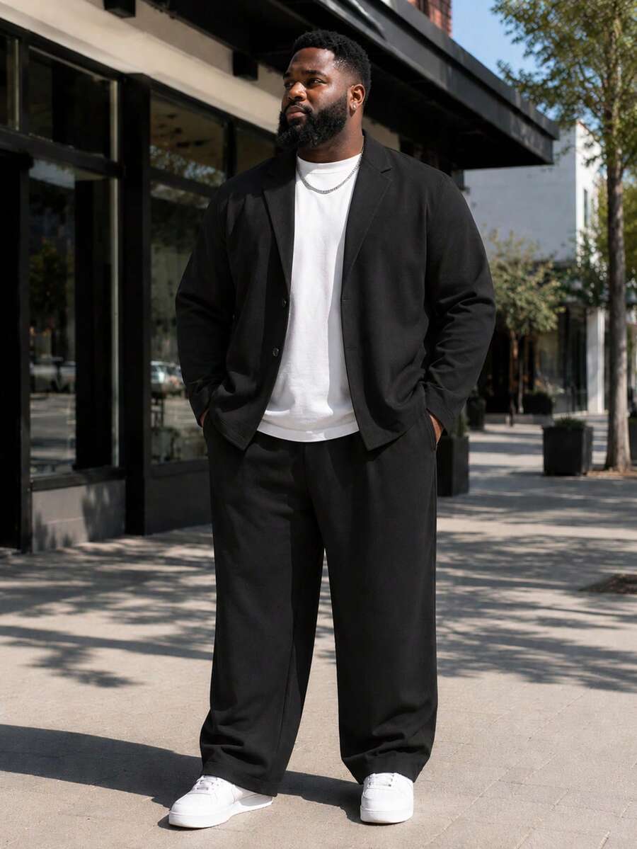 Men's Plus Size Suit Set, Solid Color Casual Suit Set For Autumn, Suitable For Daily Wear - Black - View 1