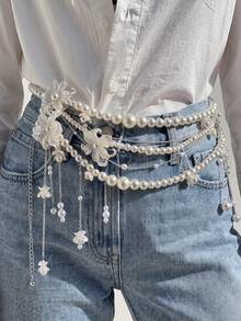 1pc Women's Multi-Layer Acrylic Faux Pearl Waist Chain, 3D Flower Tassel Belly Chain, Adjustable Y2K Style Body Accessory, Suitable For Beach Vacation - Multicolor - View 6