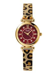1pc Vintage Round Quartz Watch For Women, Featuring A Golden Alloy Case, A Burgundy Floral Pattern Dial, And An Elegant Leopard-Print Metal Mesh Strap - Red - View 7