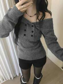 Korean Style Cool Vibe Off Shoulder Double-Breasted Cold Shoulder Knit Sweater, Versatile And Slimming - Grey - View 4