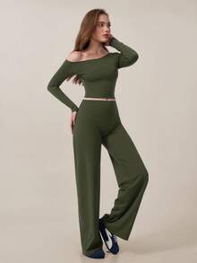 TimeOff Women's One Set Autumn/Winter Pure Elastic Color Asymmetrical Shoulder Slim Fit Soft Skin-Friendly Top And High-Waist Wide-Leg Pants - Olive Green - View 9