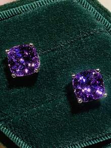 1 par de pendientes de botón de circonita cúbica clásicos, adecuados para mujeres, se pueden usar como regalo del Día de San Valentín, regalo de boda, regalo de compromiso, regalo de aniversario, joyería de fiesta, regalo para mamá, regalo del Día de la Madre - Morado - Ver 5