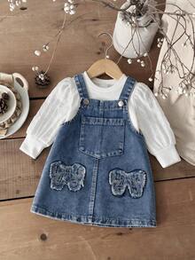 2pcs Baby Girl Cute Puff Sleeve Pullover Top & Denim Overall Dress Set, Thin Spring/Autumn - Light Wash - View 1