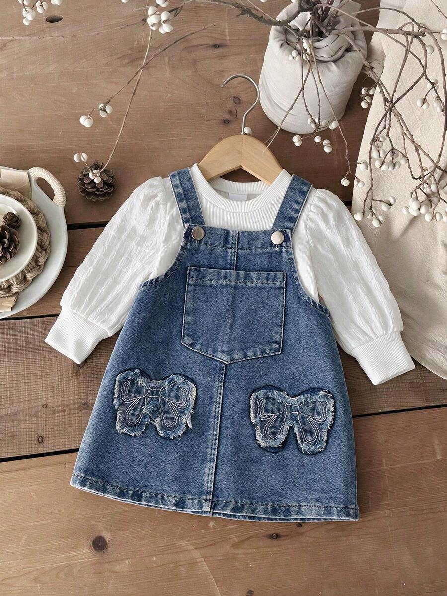 2pcs Baby Girl Cute Puff Sleeve Pullover Top & Denim Overall Dress Set, Thin Spring/Autumn - Light Wash - View 1