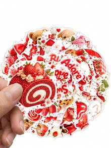 50Pcs Aesthetic Strawberry Stickers, Cute Strawberry Cow, Love Letter & Ribbon Decals, PVC Waterproof Self-Adhesive Stickers For Notebook, Phone Case & Gift Box Decor,Valentine's Day Stickers - Multicolor - View 3