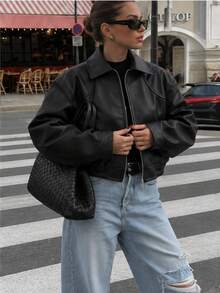 Women's Leather Bomber Leather Jacket WOMEN BLACK - Black - View 6